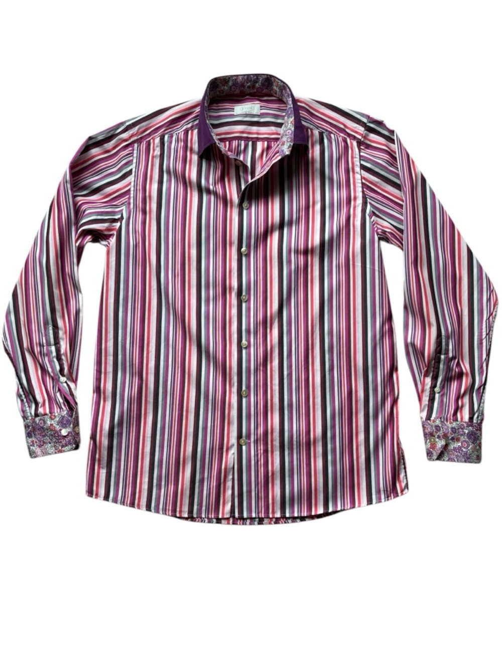 Eton Pink, White & Black Striped Casual Button Down Shirt